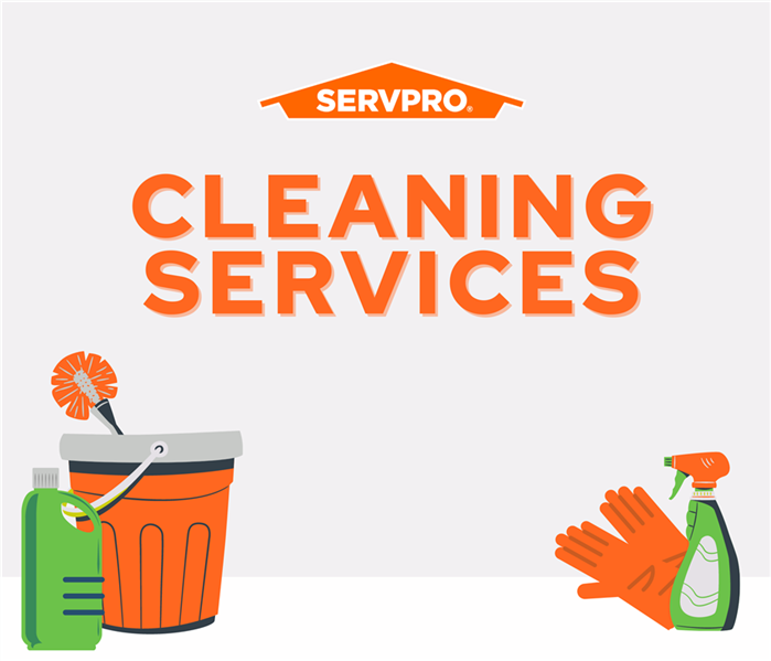 cleaning services at SERVPRO of East Ft. Worth, icons of mop bucket, toilet brush, toilet cleaner, spray cleaner, and gloves